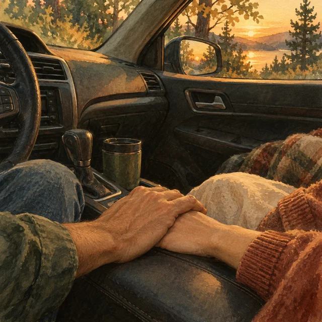 Watercolor road-trip scene from the Beside Me sample, with two people holding hands in a well-loved car.
