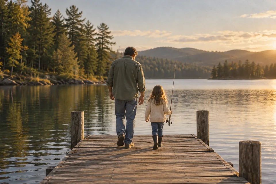 Illustration of a father and daughter walking along a lakeside dock.