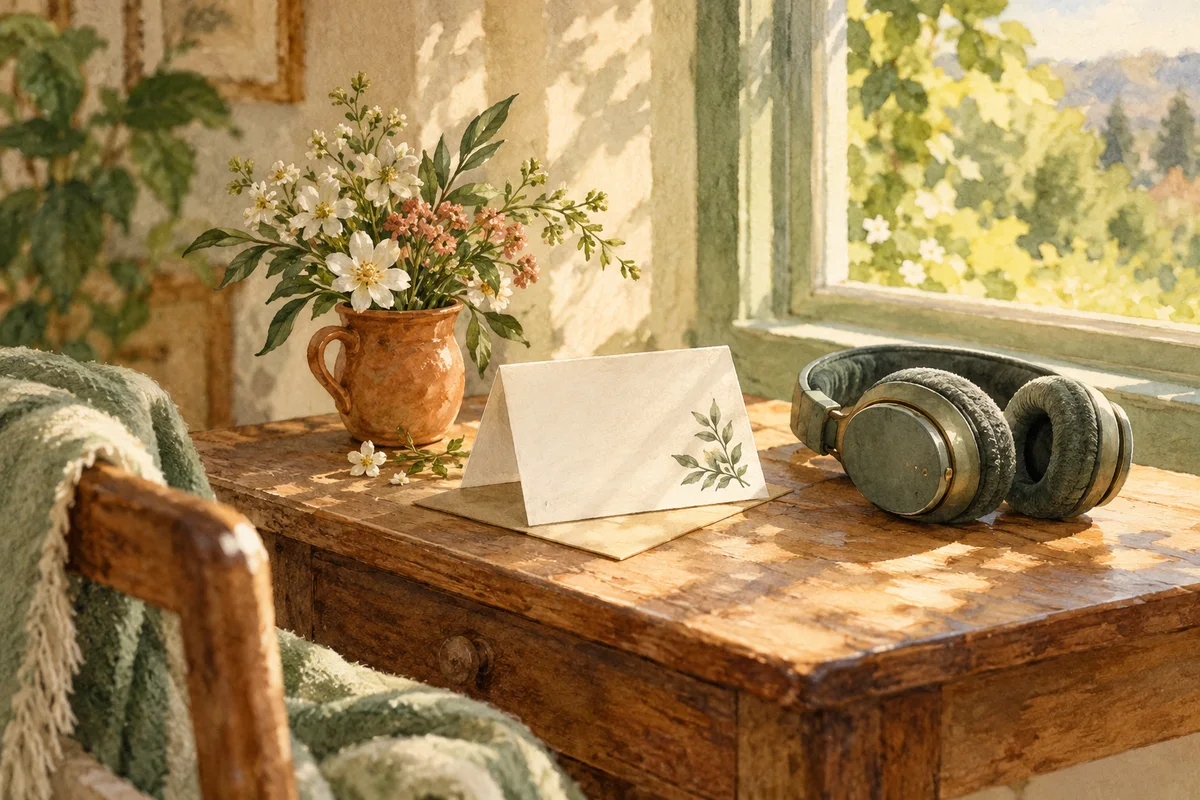 Watercolor of a dedication card and headphones, ready for a quiet first listen.