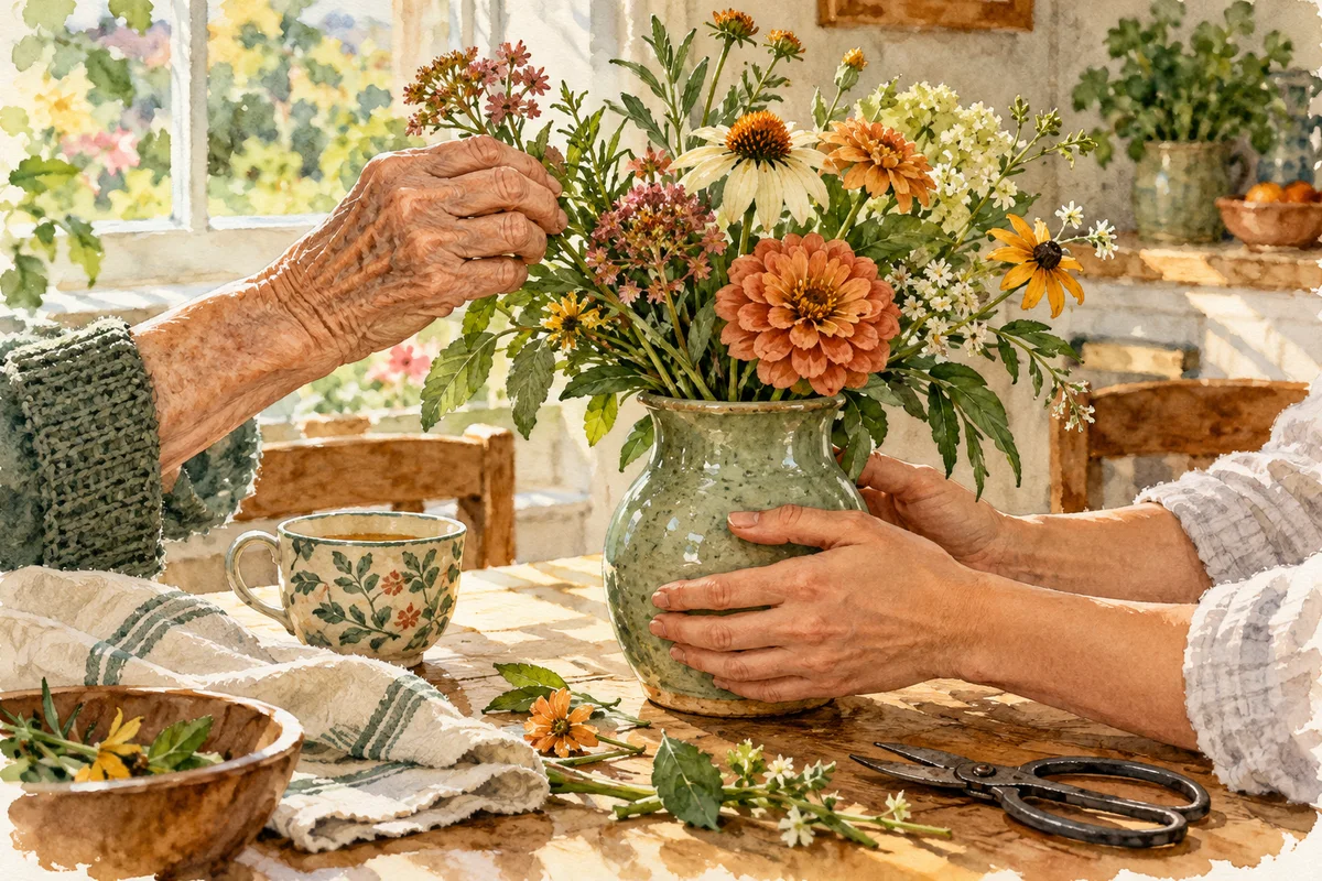 Watercolor of two adults’ hands arranging garden flowers together at a kitchen table.