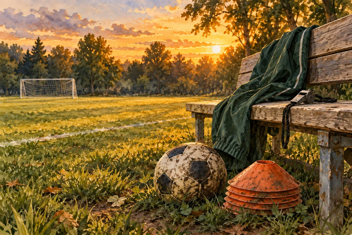 Watercolor of a coach’s jacket, whistle and training cones beside a soccer field after practice.