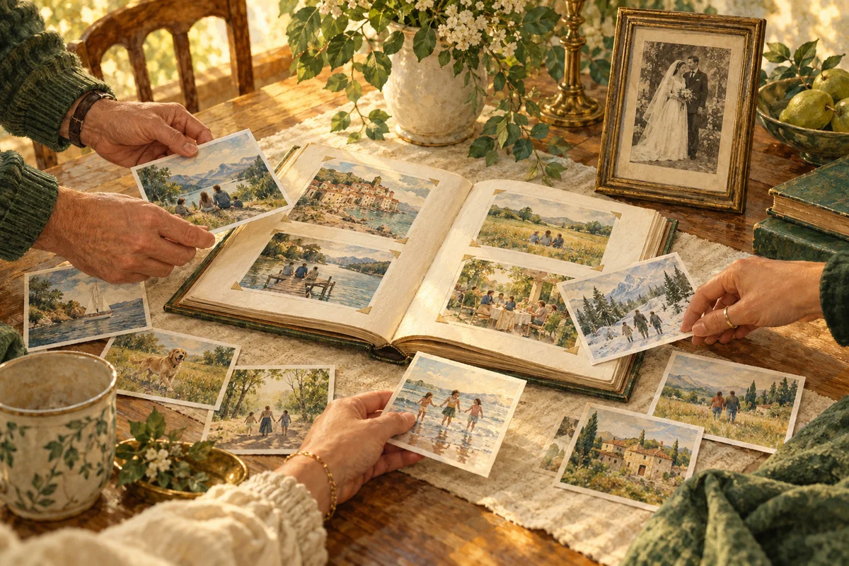 Watercolor of adult children’s hands gathering photographs around an open family album.