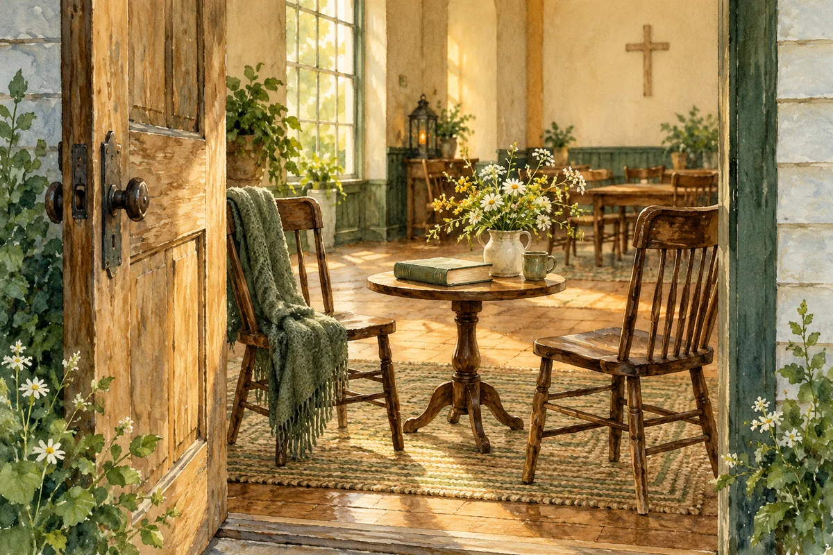 Watercolor of an open church doorway and two chairs arranged for a quiet conversation.