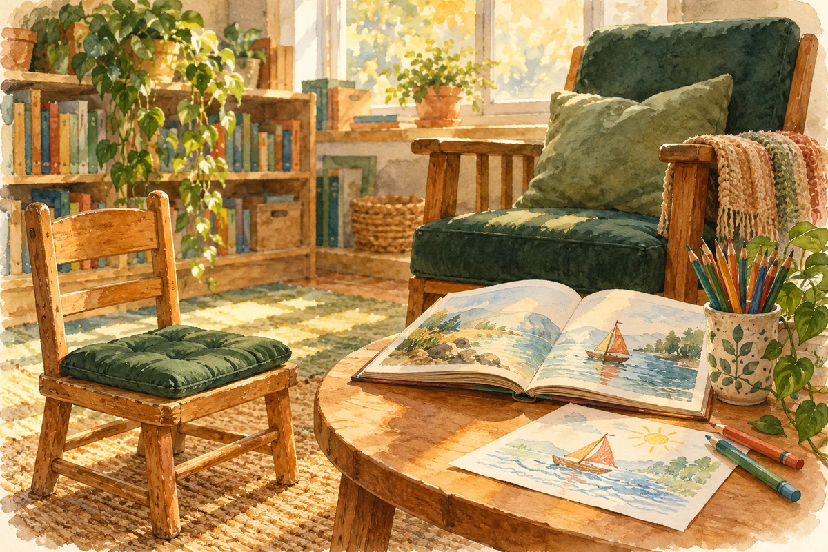 Watercolor of a welcoming classroom reading corner with a child’s chair, books and a drawing.