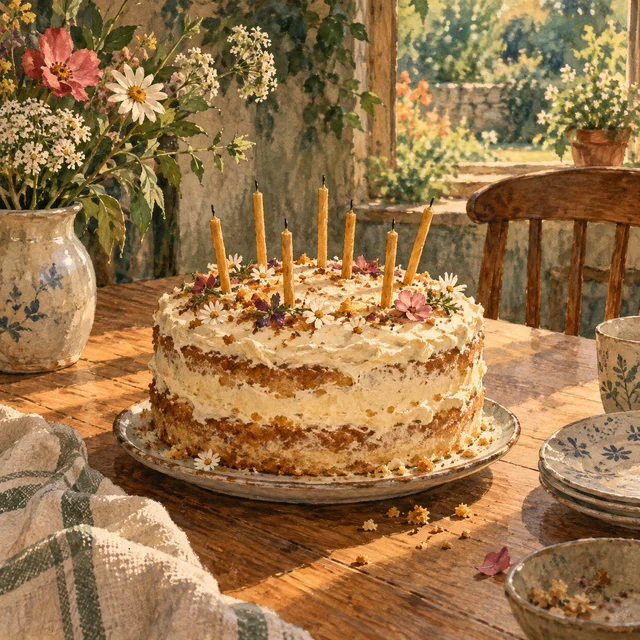 Watercolor birthday scene from the Make a Wish, Emma sample song.