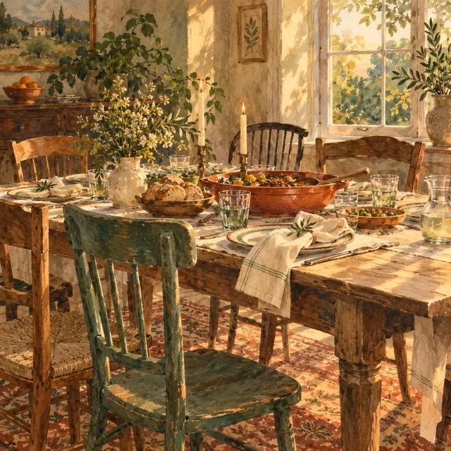 Watercolor illustration of a table set for a shared meal.